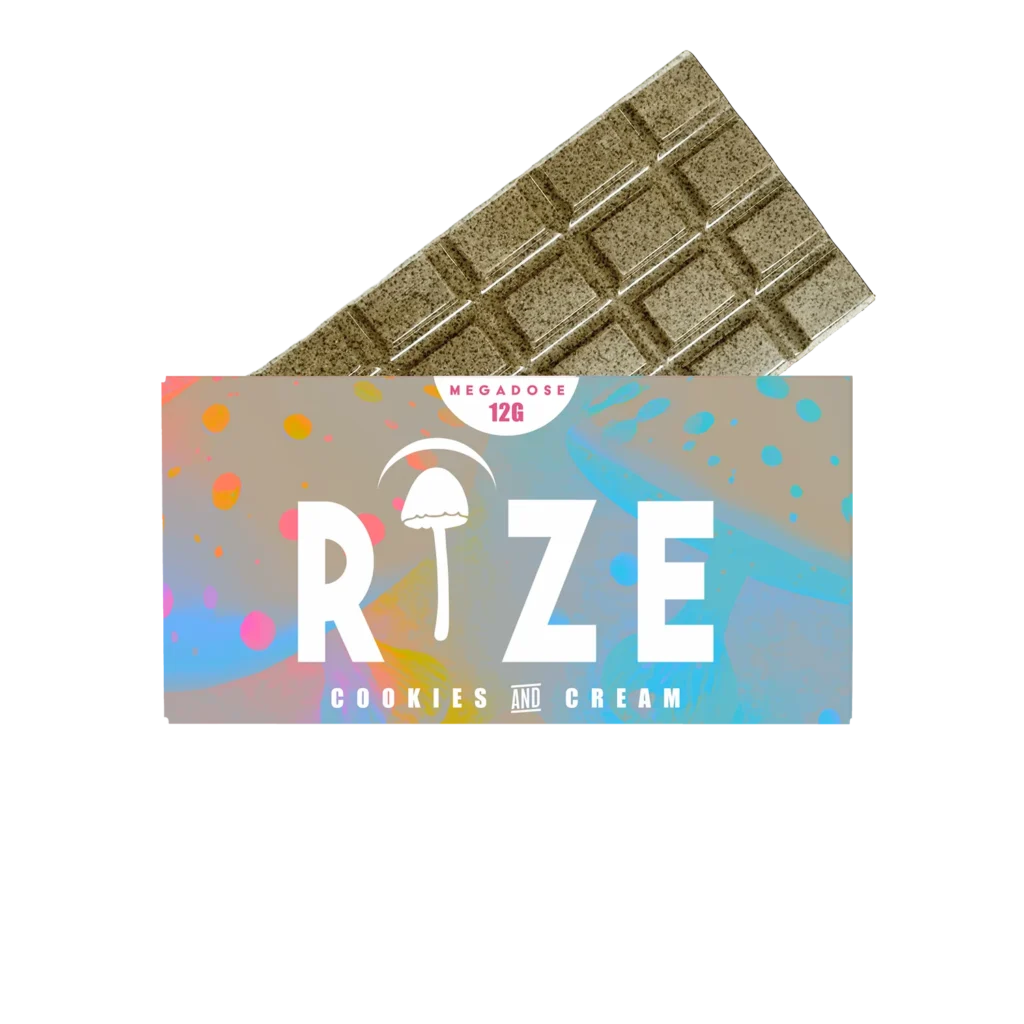 Rize Cookies and Cream mushroom chocolate bar, Megadose 12G, colorful holographic packaging with mushroom logo.