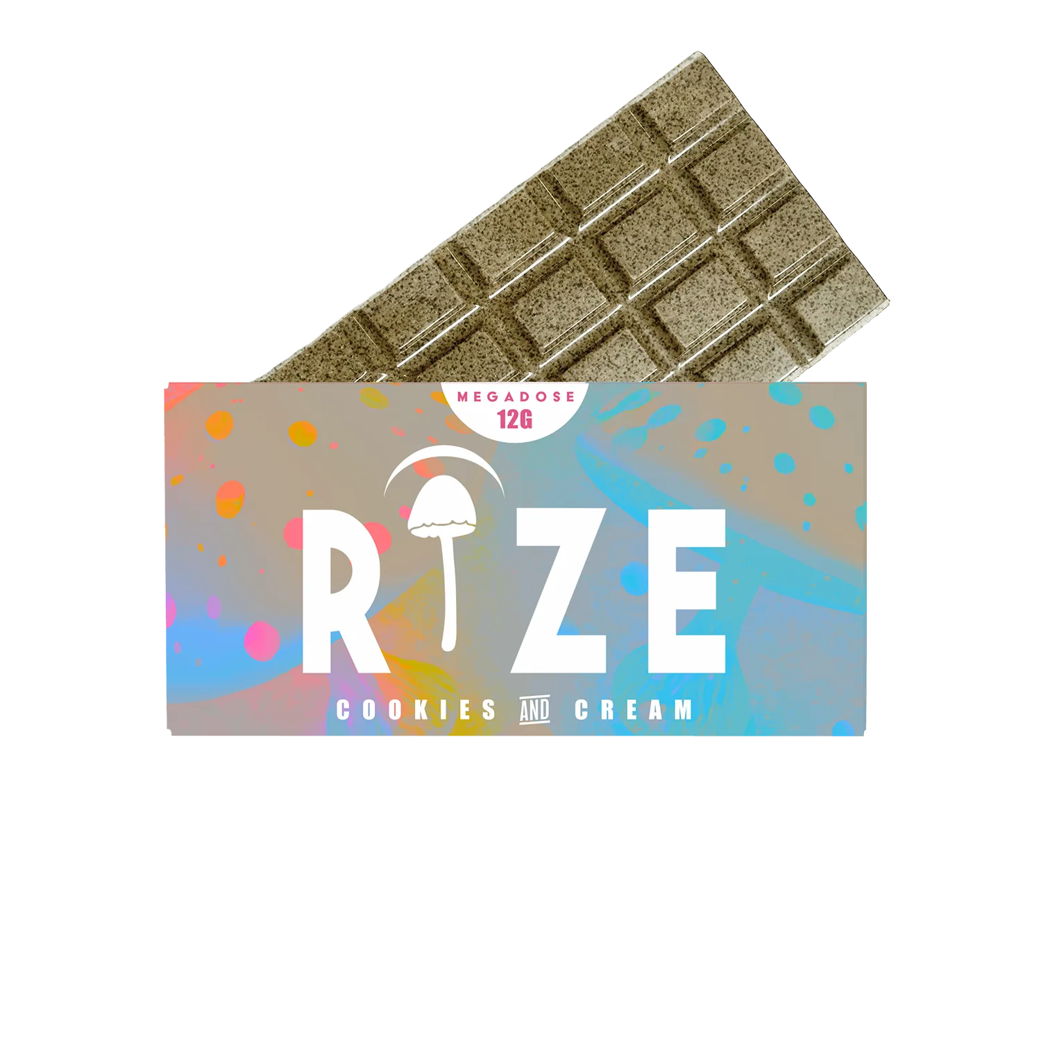 Rize Cookies and Cream mushroom chocolate bar, Megadose 12G, colorful holographic packaging with mushroom logo.